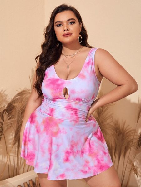 

plus tie dye swim dress with bikini bottom 50qy#, Black