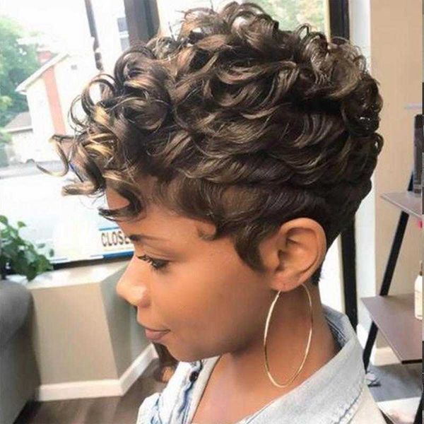 

small women's short curl wig rose net high temperature silk chemical fiber headgear, Black