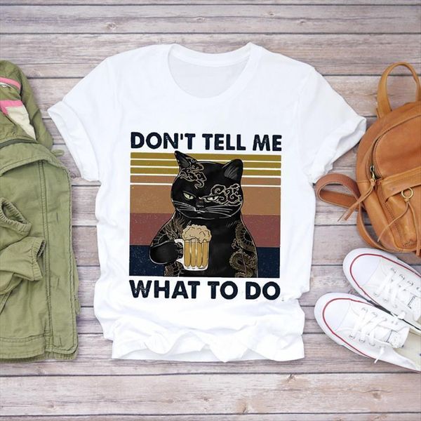 

cartoon cat funny striped womens short sleeve 90s print ladies female tee, White