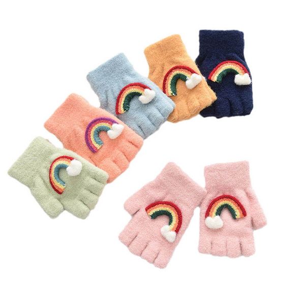 

children fingerless gloves fashion knitted girls accessories winter boys student half rainbow 4-7 years b9077, White