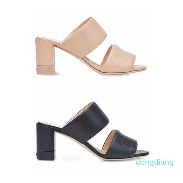 

designer women leather slides summer high heels embossed double strap sandals lettering mule shoes ladies wedding beach, Black