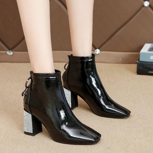

boots net red short women's thick heel high heels single 2021 spring and autumn versatile diamond soft leather, Black