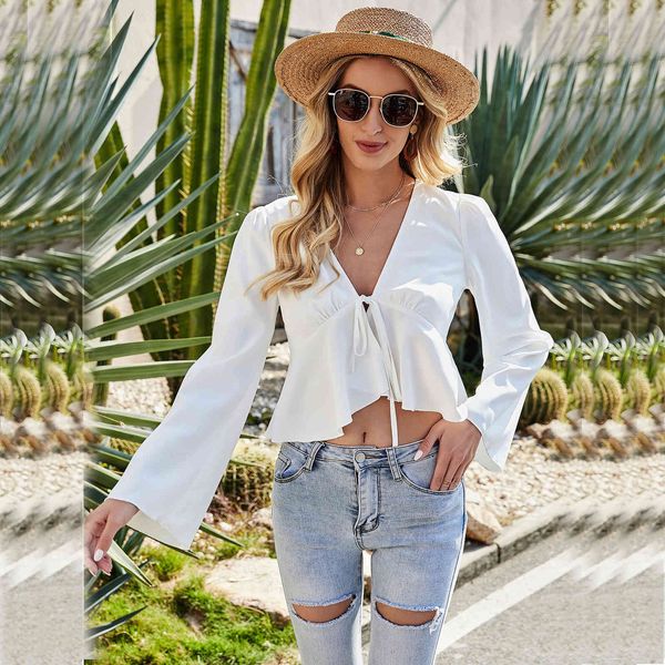 

spring polyester white solid short thin slim style women's blouse 210524