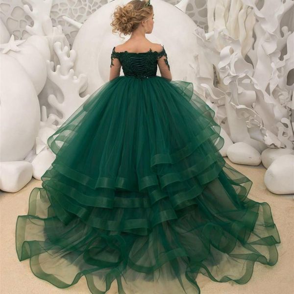 2021 Dunkelgrüne Spitze Blumenmädchenkleider Lange Ärmel Perlen Ballkleid Sheer Neck Tüll Lilttle Kindergeburtstag Festzug Hochzeit Gow312Z