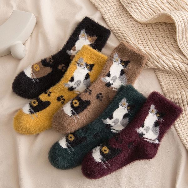 

cute cat socks vintage winter thickening mink hair women socks ladies warm home floor sleep funny sock, Black;white