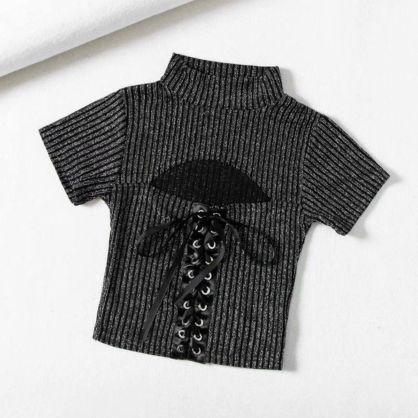 

t shirt 2021 spring fashion pullover, high neck, short sleeve, rope bowknot, lace up and slim top, White