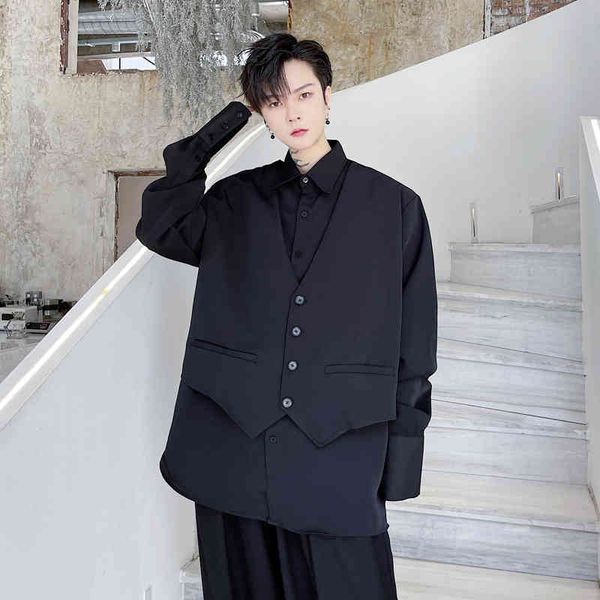 

men's casual shirts vest splice design harajuku streetwear fashion loose long sleeve black white man dress shirt nmgn, White;black