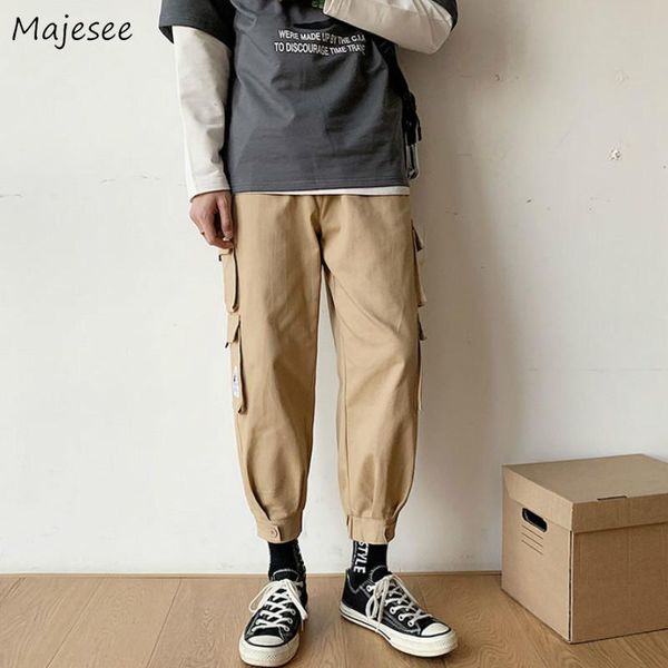 

men's pants men casual cargo solid pockets ankle-length elastic waist fashion streetwear all-match korean style simple chic ins loose, Black