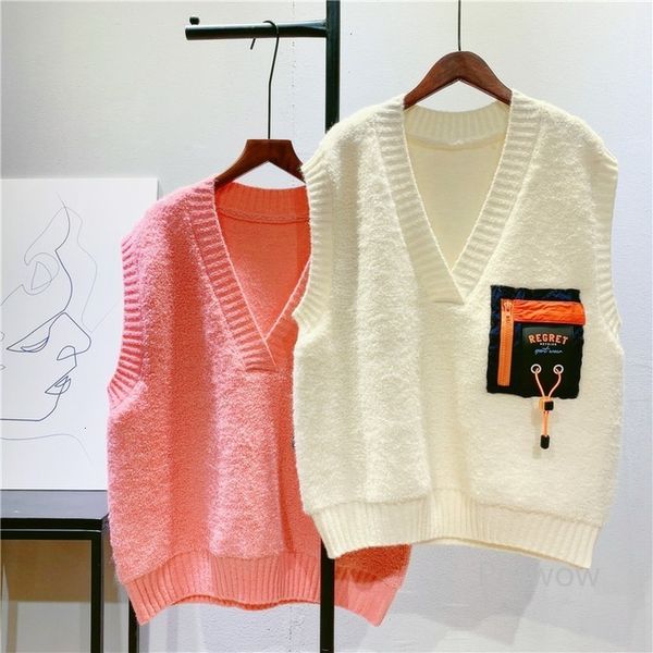 

knits sports pocket v-neck knitted waistcoat women spring autumn fashion knit vest sleeveless pullover sweater, White