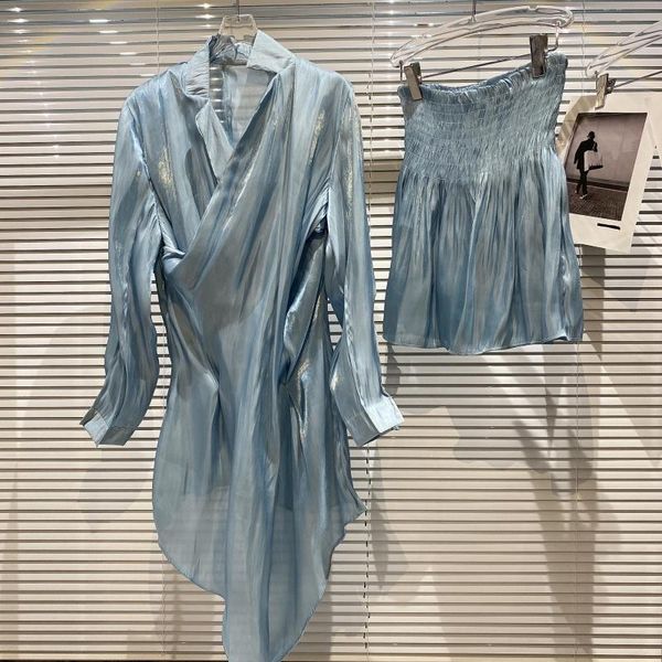 

women's tracksuits net red with 2021 summer small fragrance glass silk cross long shirt coat + skirt air suit, Gray