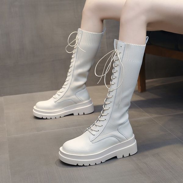 

women sock boots autumn lace up mid calf boots female high platform sock shoes fashion beige stockings boots mid-calf, Black