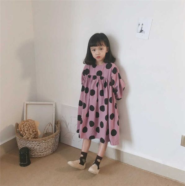 Herbst Kinder Mädchen Polka Dots Kleid Koreanische Stil Baumwolle Langarm Prinzessin Robe Kinder Kleidung Lose ES 210615