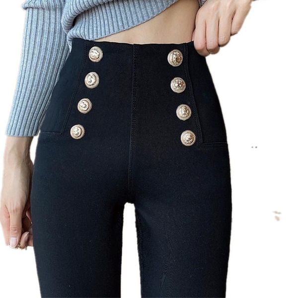 

women black pants double-breasted button jeans spring autumn high waist skinny stretchy denim trousers women's, Blue