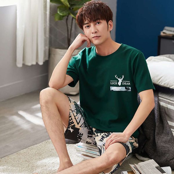 

100% katoen pyjama summer man cartoon print pajamas + fashion letters shorts for men casual plus size nightwear pyjamas set, Black;brown