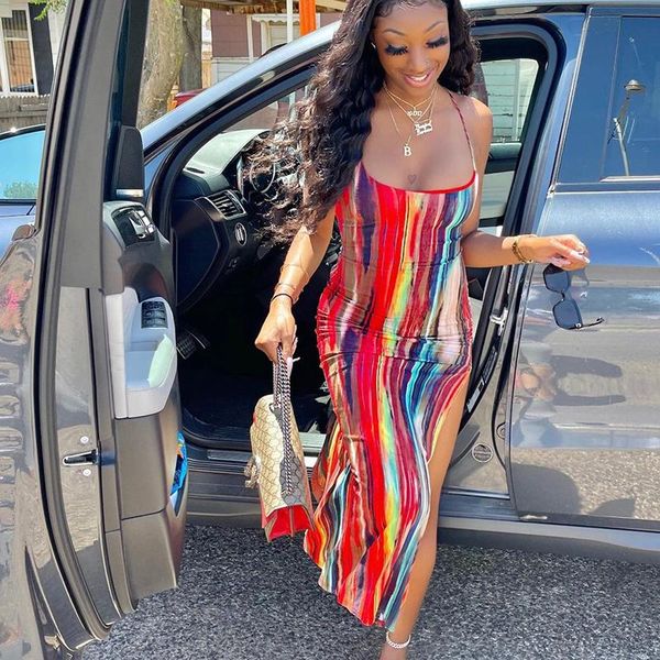 

casual dresses tie dye print women strap midi dress lace up slit bandage bodycon backless party club eleant 2021 summer clothes, Black;gray