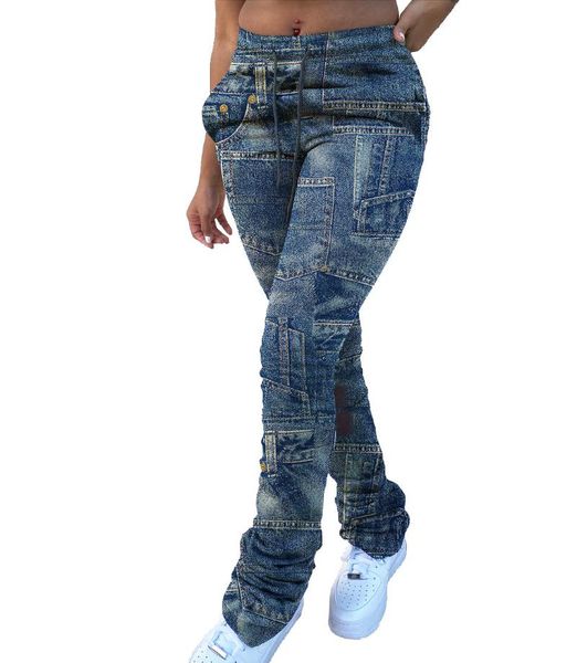 

women's pants & capris fall winter fashion womens imitation denim low waist ladies casual skinny drawstring stacked pantalon droit, Black;white