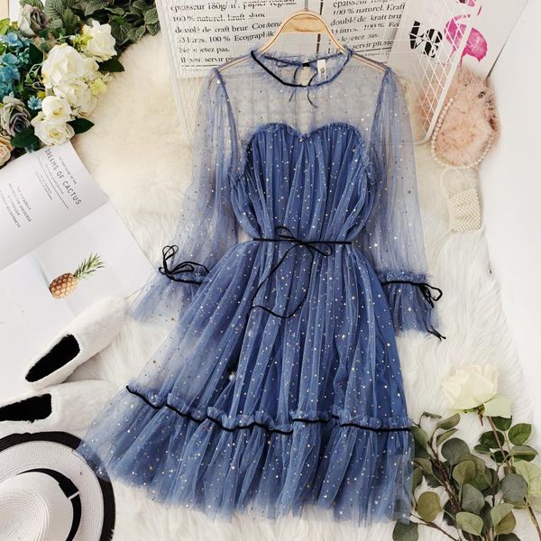 

casual dresses star sequined fairy dress mesh flare sleeve high waist lace-up women sim short fluffy princess party sweet, Black;gray