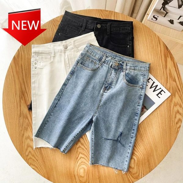 

women's jeans pants denim shorts 2021 summer straight hong kong style high waist internet celebrity tight cycling middle, Blue