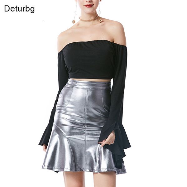 

casual dresses deturbg women faux leather short skirt high waist zipped ruffled metal color sier bodycon skirts autumn sk193, Black;gray
