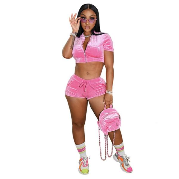 

women's tracksuits solid sport velvet 2 piece matching set women zip up short sleeve crop shorts pants sportsuits workout outfits fitne, Gray