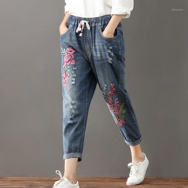 

plus size women jeans autumn winter harem pants embroidery floral elastic waist oversize vintage trousers ripped 3xl women's, Blue