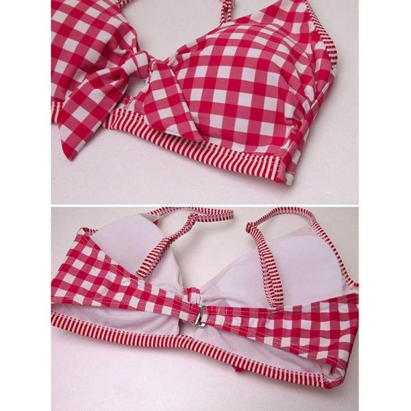 

one-piece suits women swimming bikini bandage polyester model halter silang high waist motif print kotak-kotak untuk wanita swim beach under