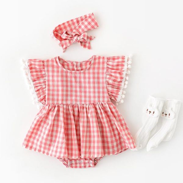 

brand children's clothing 2021 summer neonatal one-piece baby girl plaid lace sleeve bag fart clothes hair belt girl's dresses, Red;yellow