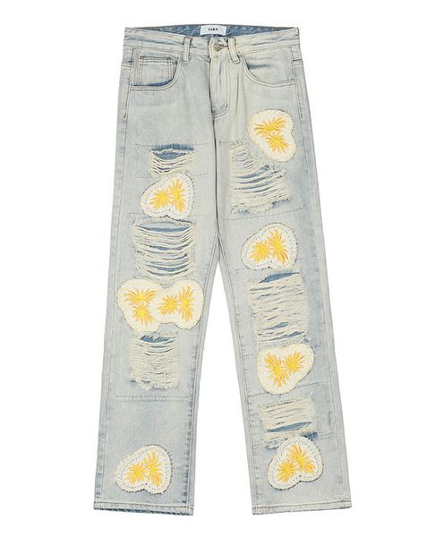 

men's high street daisy patch jeans fashion streight leg hole denim pants retro loose casual trousers hy, Blue