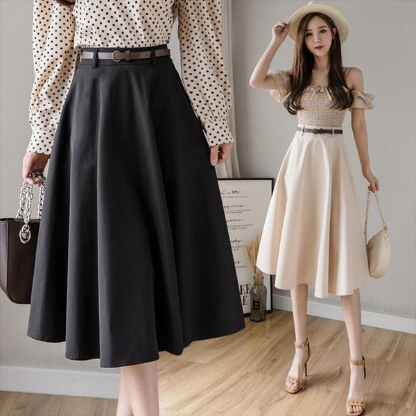 

tingyili vintage high waist belted womens skirts a line midi summer flare black beige skirt korean elegant ladies office