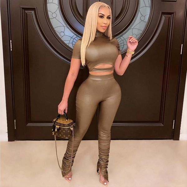 

bodycon party two piece womenpant outfits clubwear crop and pu stacked pants set 2 fall, White