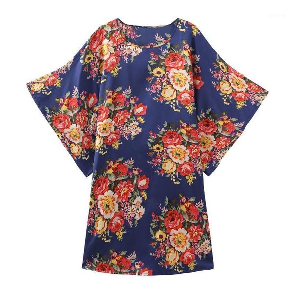 

print flower nigtdress lady casual loose nightgown sleepwear silky soft satin kimno bathrobe gown half sleeve home dressing women's1, Black;red