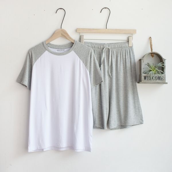 

modal pajamas men's thin loose short sleeve shorts summer wear sportswear suit2021, Gray