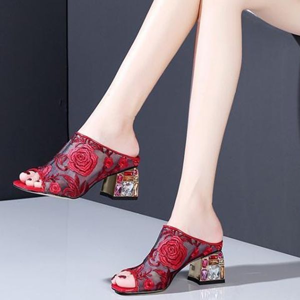 Sommer Damen Pumps Mesh Square Heel Sandalen Mode Sexy Slip On Flower Bequeme Schuhe