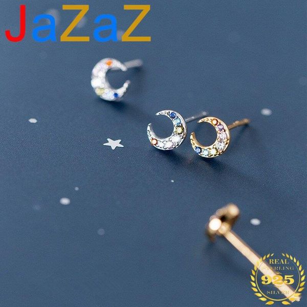 

jazaz luxury multicolored mini cute moon studs earrings for women genuine 100% sterling silver accessories stud, Golden;silver
