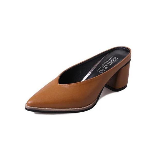 

slippers shoes women elegant chunky european style with pointed toes and high heels roman baotou half mujer, Black