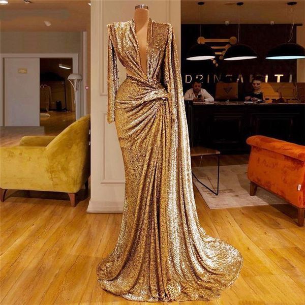 Vestidos de noite de lantejoulas brilhantes de ouro com pregas de pescoço em V de pescoço comprido mangas compridas Mermaid PROM Vestido Dubai Africano Vestido de Partido