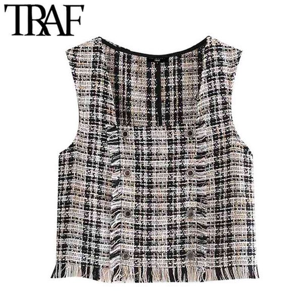 Moda donna con gilet sfrangiato in tweed check Gilet vintage con colletto quadrato senza maniche Gilet femminile Cappotto Chic Top 210507