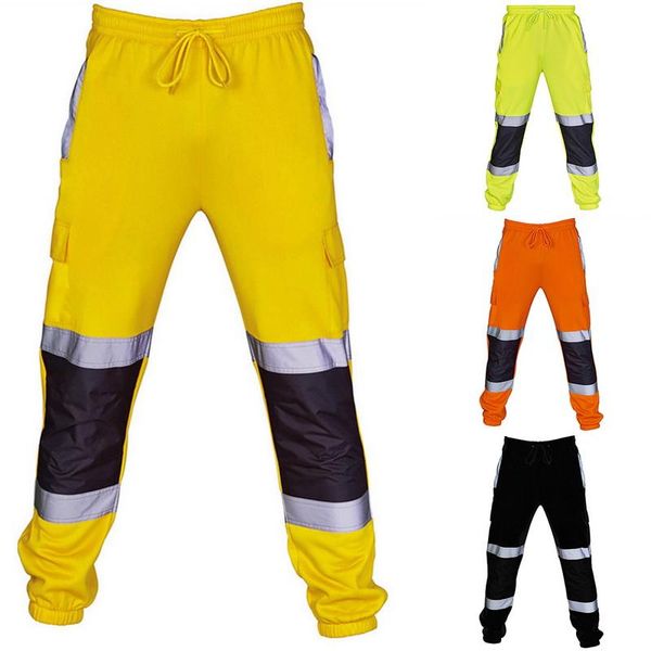 

men's pants men fashion patchwork reflective overalls high visibility safe work sweatpants comfortable joggers male trousers, Black