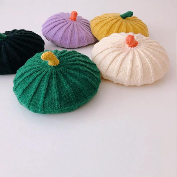

berets small fresh wide braided children's knitted beret hat autumn and winter baby cute painter wool cap boys girls hats, Blue;gray