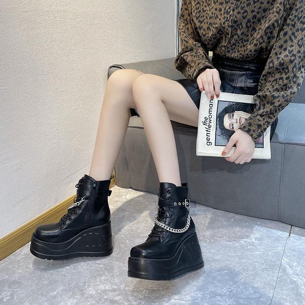 

boots brand punk goth platform motorcyle wedges 2021 women's lace up trendy ins chain casual luxury shoes, Black