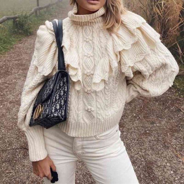 

winter fashion women ruffled chic sweet lantern sleeve laminated high neck knitted sweaters vintage pullovers jumpers 210508, White;black