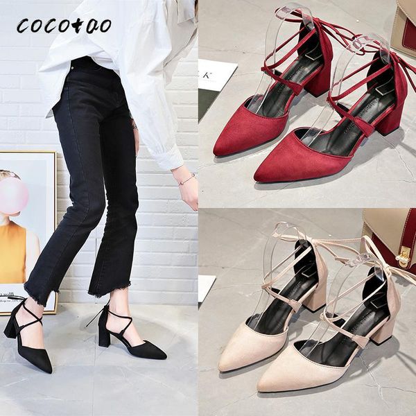 

sandals 2021 women's spring and summer baotou single shoes wild korean thick with cross straps high heels, Black