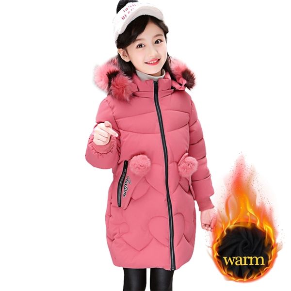Cappotto da bambina Parka spesso caldo per motivo a cuore Giacca per bambini Felpe con cappuccio in pelliccia Abbigliamento invernale per bambini 210528