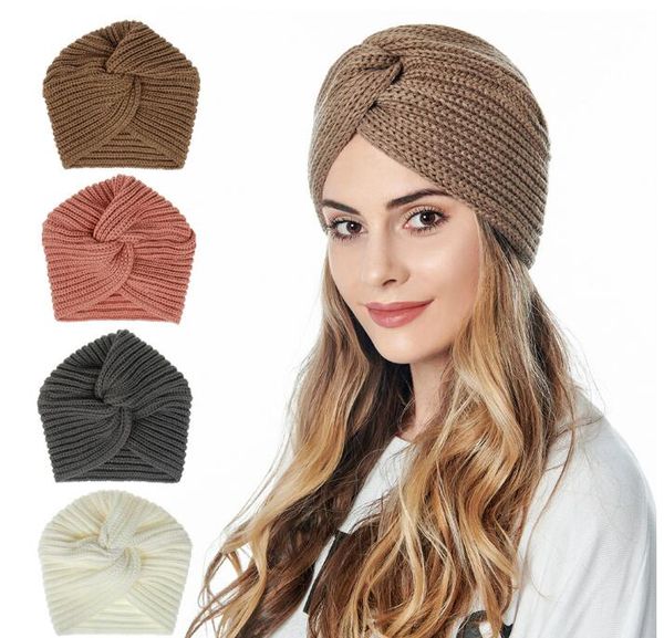 

boho style women knot bandanas fashion knitting warm muslim scarf 2020 autumn winter turban cap solid color cross, Slivery;white