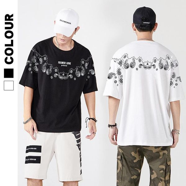 

men's t-shirts summer wear vintage print cashew flower round neck short sleeve t-shirt casual high street logo hip-hop, White;black