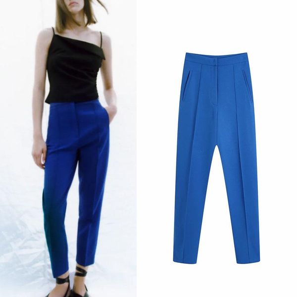 

women's pants & capris za autumn blue woman pant 2021 fashion high waist side pocket long casual zip pleats vintage office little feet, Black;white