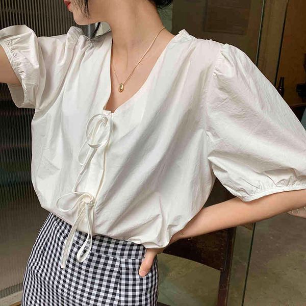 

women's tanks & camis hzirip summer shirt for women, casual, chic female short sleeve with v-neck cleavage, korean style, puffy sleeve,, White