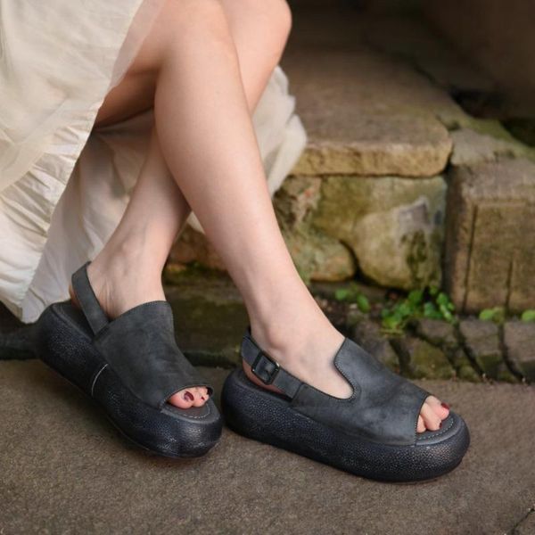 

artmu original platform sandals open toe shoes fashion thick heel women genuine leather hook loop beach 2021, Black