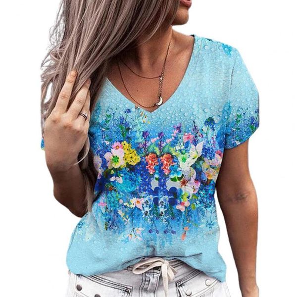 

women's t-shirt casual short sleeve women flower print soft v neck wear-resistant loose pullover for club, White