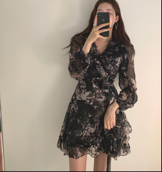 

women womens dresses mini dress spring v neck floral chiffon high waist flare sleeve female, Black;gray